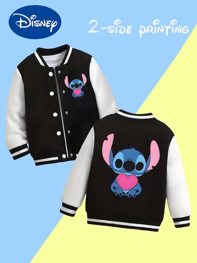 Discover MINISO Disney Heart Stitch Baseball Jacket for Boys - Double-sided pink heart pattern, soft and versatile for everyday wear