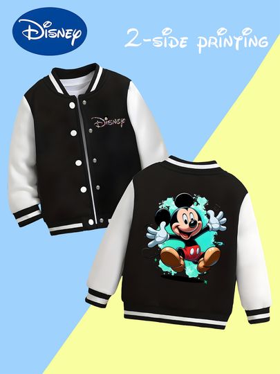 Discover MINISO Disney Boys' Baseball Jacket - Mickey Mouse Trendy Space Print, Disney Classic, Soft and Skin-Friendly