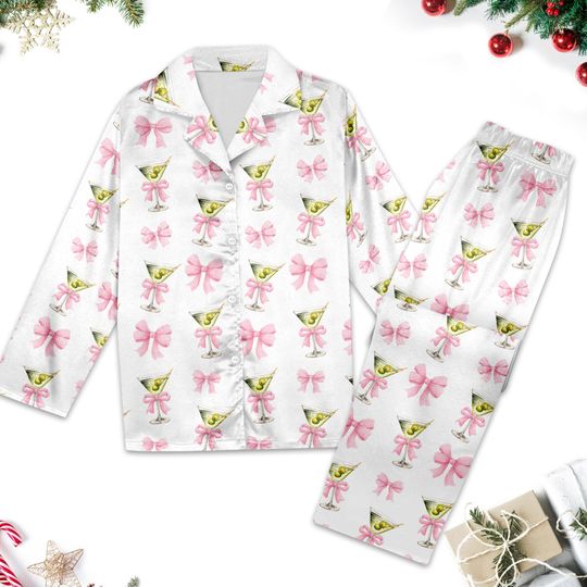 Cocktail Coquette Bow Pajamas Set, Cocktail Martini Pajama Set, Bachelorette Party Pajamas Shirt, Cocktail Pyjamas Set, Gift For Her