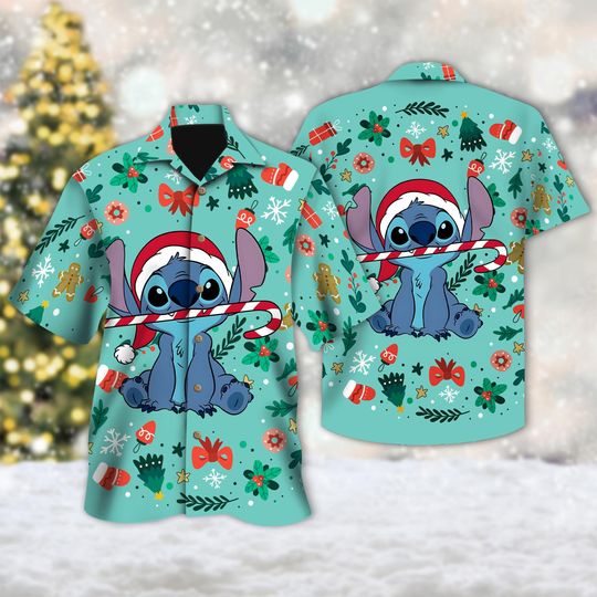 Discover Disney Stitch Santa Hat Christmas Hawaiian Shirt, Lilo And Stitch Button Up Shirt, Stitch Xmas Party Hawaiian Shirt, Magic Kingdom Shirt