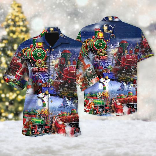 Discover Train to Christmas Hawaiian Shirt, Train Christmas Holiday Hawaiian Shirt, Train Xmas Party Shirt, Santa Clause 3D All Over Print Shirt