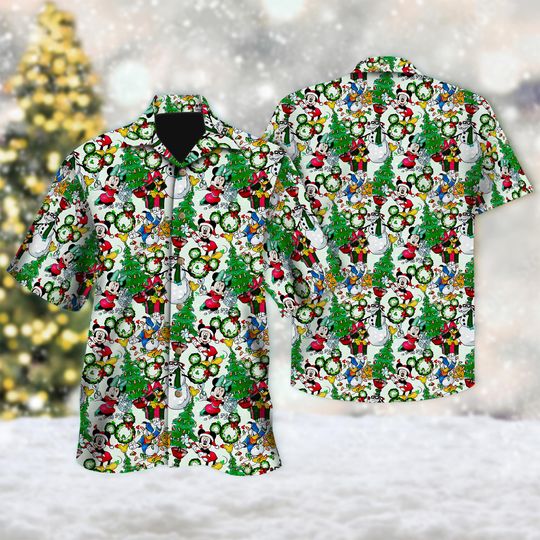 Discover Mickey & Friends Christmas Hawaiian Shirt, Mickey Mouse Button Up Shirt, Minnie Mouse Christmas Hawaiian Shirt, Mickey Xmas Party Tee