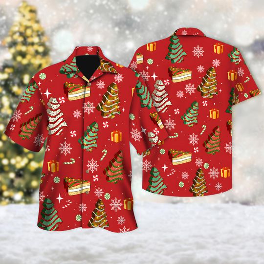 Discover Christmas Tree Cakes Hawaiian Shirt, Christmas Tree Button Up Shirt, Christmas Party Hawaiian Shirt, Xmas Holiday 3D All Over Print Shirt