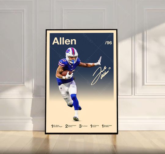 Josh Allen Poster, football Poster, Motivational Poster, Mid Century Modern Art, Football Poster, Sports Poster, Bedroom Decor, Wall Art