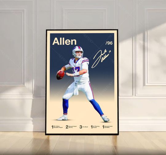 Josh Allen Poster, football Poster, Motivational Poster, Mid Century Modern Art, Football Poster, Sports Poster, Bedroom Decor, Wall Art