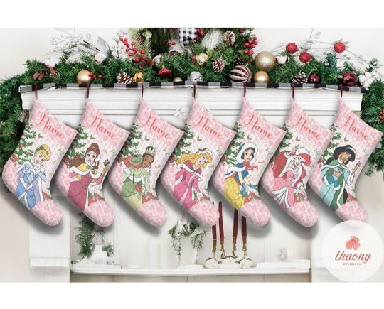 Discover Multi-character Disney Princess Christmas Stockings, Custom Cinde Belle Rapunzel Ariel Christmas Stockings With Name, Coquette gift