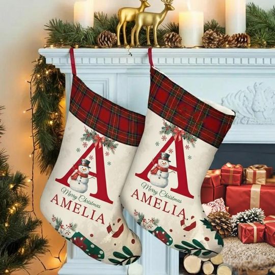 Personalized Initial Name Christmas Stocking, Custom Family Stockings, Holiday Fireplace Decor, Snowman Xmas Gift