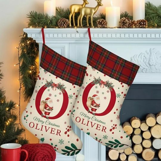 Personalized Santa Claus Stocking With Initial and Name, Custom Christmas Stockings, Family Holiday Fireplace Decor