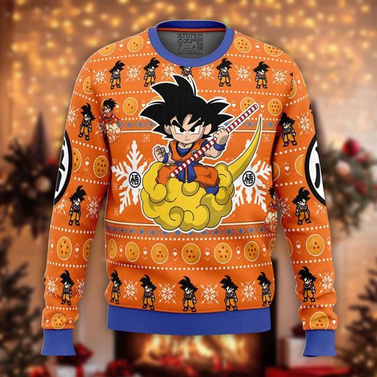 Discover Flying Nimbus Ugly Christmas Sweater, Anime Kid Hero Xmas Jumper, Magical Orb Holiday Sweatshirt, Orange Crewneck Gift for Fan