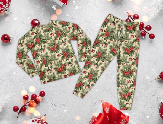 Discover Christmas Holly Leaves And Berries Pajama Sets, Christmas Presents Family Matching Pajamas, Christmas Party Pajamas For Family, Xmas Pajamas