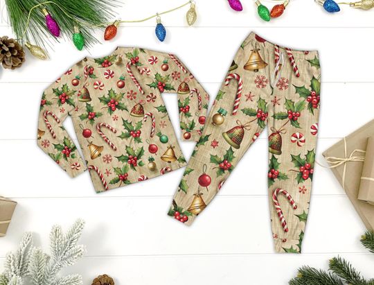 Christmas Candy Cane Pajama Sets, Christmas Bell Pajamas For Family, Snowflake Xmas Pajamas