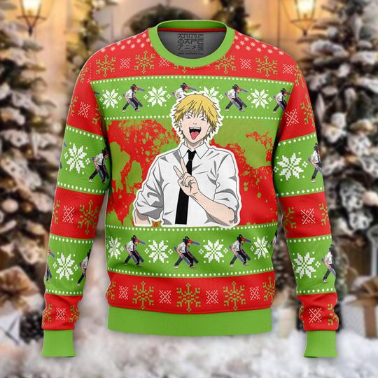 Chainsaw Demon Ugly Christmas Sweater, Anime Hero Xmas Jumper, Public Safety Holiday Sweatshirt, Anti-Hero Crewneck Gift for Fan