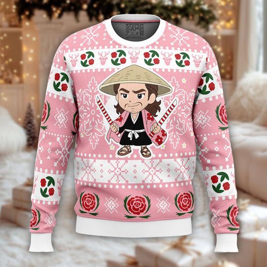 Flame Hashira Ugly Christmas Sweater, Samurai Xmas Jumper, Anime Swordsman Holiday Sweatshirt, Rose Pink Crewneck Gift for Fan