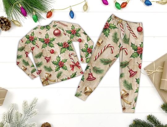Discover Coquette Christmas Candy Cane Pajama Sets, Christmas Holly Berries Family Matching Pajamas, Christmas Bells Pajamas For Family, Xmas Pajamas
