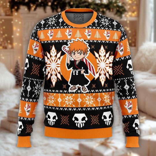 Substitute Shinigami Ugly Christmas Sweater, Anime Xmas Jumper, Hollow Mask Holiday Sweatshirt, Shonen Crewneck Gift for Manga Fan