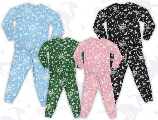 Discover Dinosaur Skeleton Pajamas Set, Cute Dinosaur Bones Long Sleeve Sleepwear For Kids & Adults, Family Matching Holiday Outfit For Dino Lovers