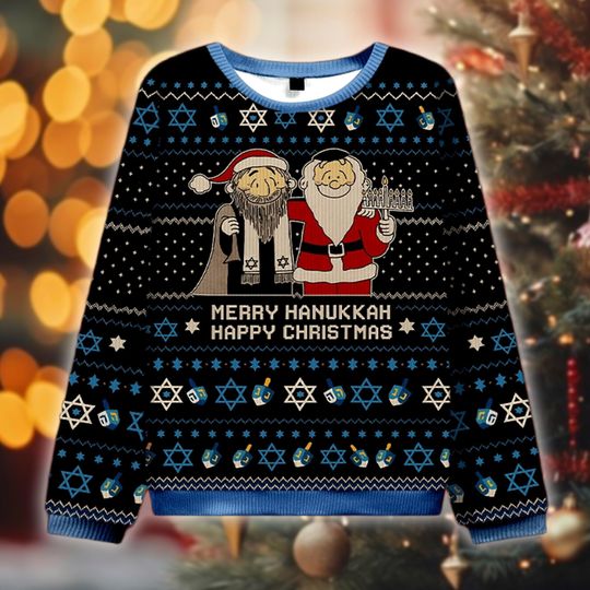 Merry Hanukkah Happy Christmas Ugly Sweater, Funny Hanukkah Sweatshirt, Jewish Christmas Gift, Holiday Party Outfit, Xmas Sweater