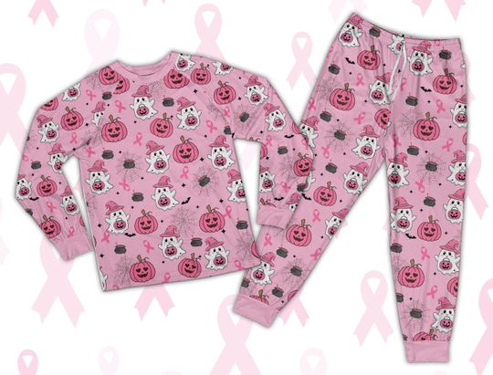 Discover Pink Breast Cancer Awareness Halloween Pajamas Set, Cute Ghost, Pumpkin & Ribbon Long Sleeve Pajamas, Fall Loungewear For Cancer Survivors