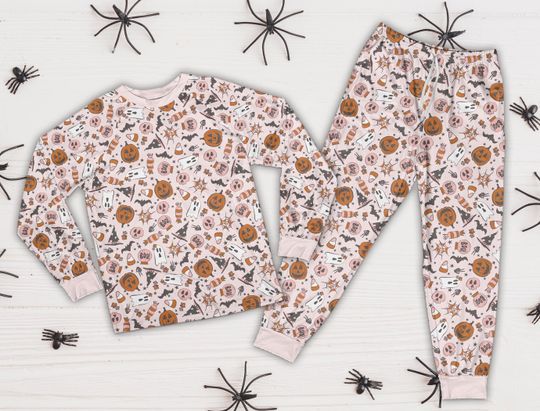 Discover Halloween Pajama Halloween Checkered Pattern Pajama Fall Vibes Sleepwear Scary Pumpkin Halloween Party Matching Pajama For Family Friend
