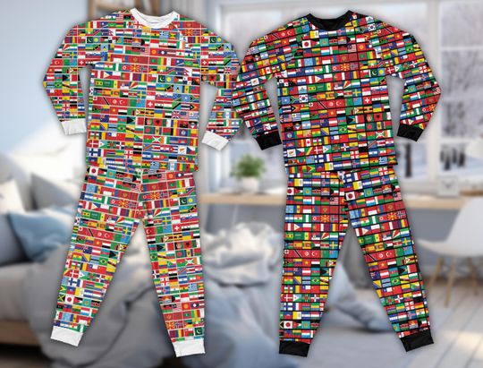 Discover World Flags Pajama Set, International Country Flag Long Sleeve Sleepwear, Global Pride Loungewear, Matching Family Pajamas For Travel Lovers