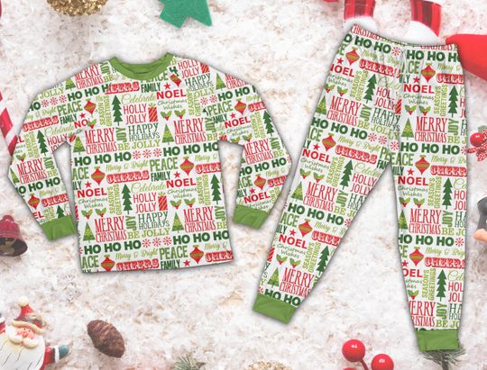 Merry Christmas Pajama Set, Festive Green & Red Family Matching Pajamas Xmas Holiday Pajamas Gift