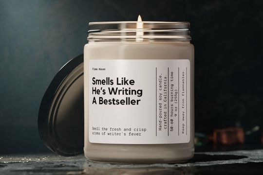 Smells Like He's Writing A Bestseller Candle, Personalized Writer Gift, Writer's Block, Best Seller, Author Gift, New Book, Custom Gifts
