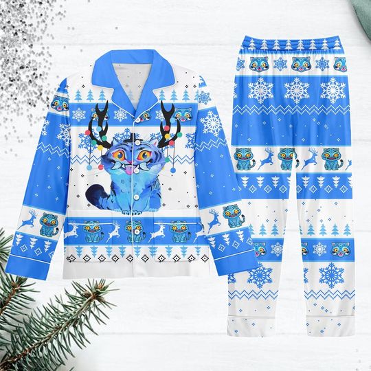 Discover Blue Tiger Christmas Pajama Set for Women, Cute Tiger Holiday Sleepwear