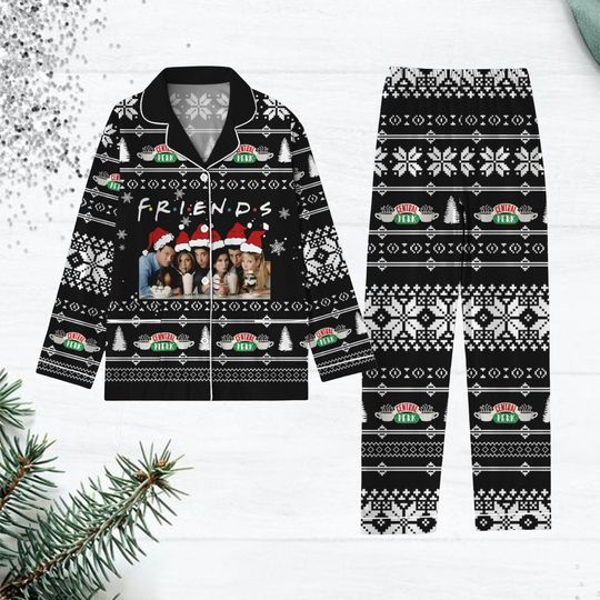 Friends Pajama Set with Santa Hats, Central Perk Holiday Sleepwear, TV Series Xmas PJs for Adults