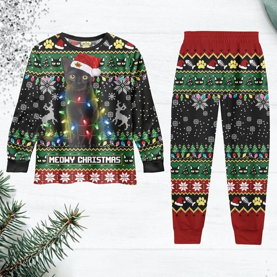 Meowy Light Santa Hat Family Pajama Set, Xmas Cat Matching PJs, Cat Christmas Sleepwear
