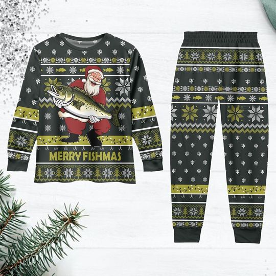 Fishing Christmas Pajama Set, Merry Fishmas Family Pajamas, Funny Xmas Sleepwear, Holiday Pajama Gift