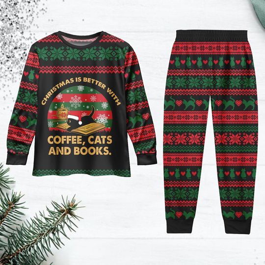 Discover Black Cat Reading Book Christmas Pajama Set, Meowy Christmas Family Pajamas