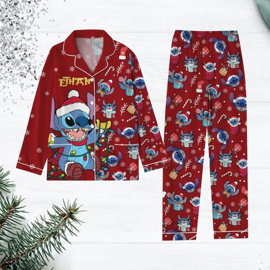 Custom Name Christmas Stitch Pajama Set, Lilo and Stitch Kid Pajamas, Cartoon Movie Family Pajamas