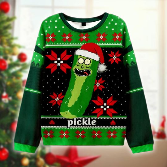 Discover Funny Pickle Character Santa Hat Ugly Christmas Sweater, Cartoon Fan Gift, Holiday Sweatshirt, Xmas Outfit, Green Black