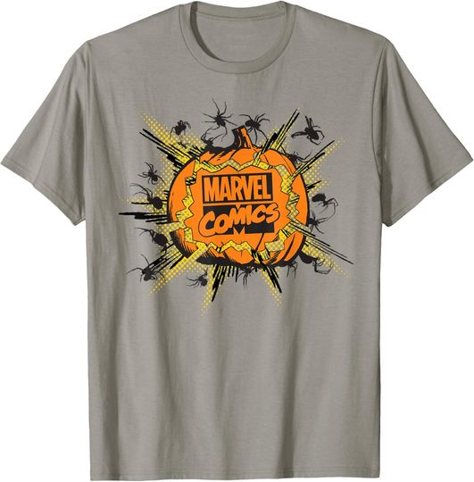 Discover Marvel Comics Logo Cracked Pumpkin Spiders Halloween T-Shirt T-Shirt