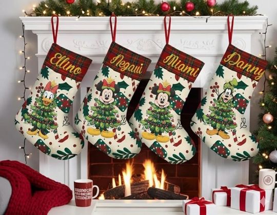 Discover Personalized Mickey And Friends Christmas Tree Stocking With Name, Disney Christmas Stocking, Disney Christmas Decor, Family Stocking