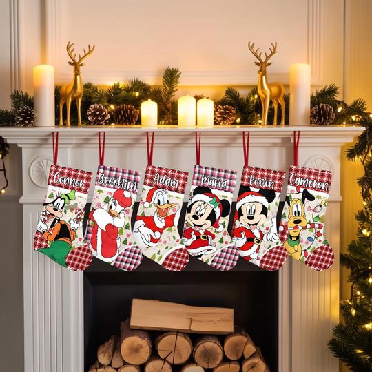 Discover Personalized Disney Christmas Stocking, Stocking With Name, Characters Christmas Socks Home Decoration, Mickey Christmas Socks, Plaid Stock
