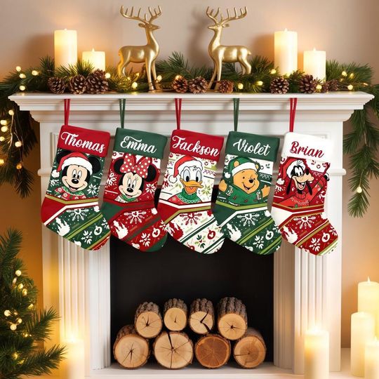 Discover Custom Mickey Friends Xmas Stocking With Name, Disney Characters Christmas Socks, Funny Fireplace Decor, Family Christmas Matching Stock