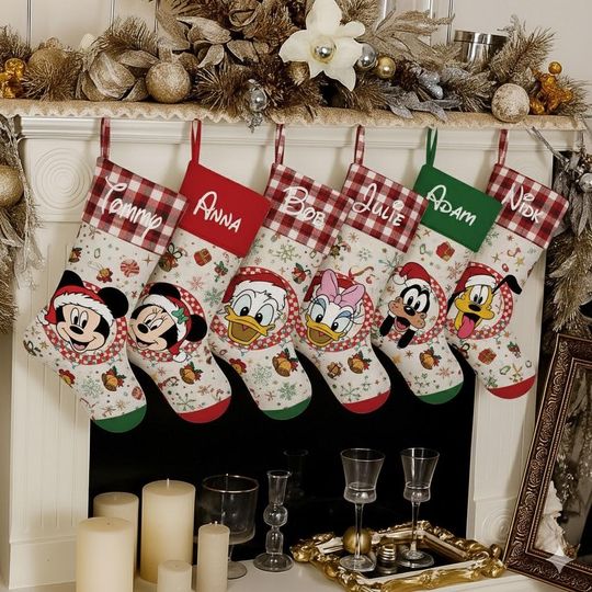 Discover Personalized Retro Checkered Mickey and Friends Christmas Stocking, Stocking With Name, Characters Christmas Socks, Mickey Christmas Socks