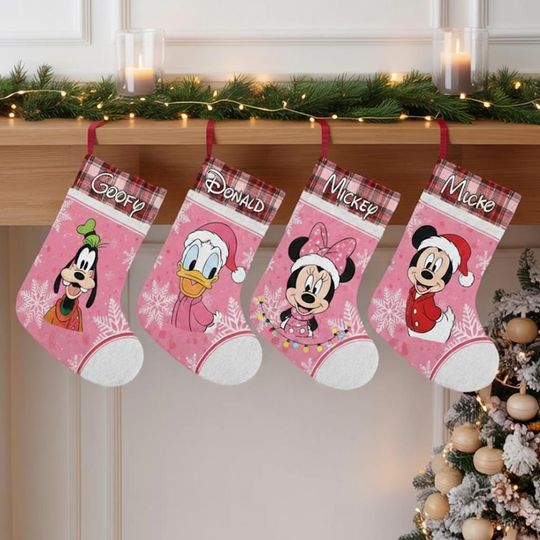 Discover Personalized Disney Pink Plaid Christmas Stockings, Mickey and Friends Christmas Stockings With Name, Disney Stockings Christmas Gifts