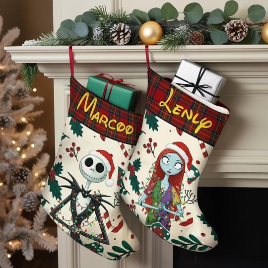 Personalized Jack Sally Christmas Stocking, Jack Skellington Stocking, Nightmare Couple Christmas Matching Decor, Nightmare Before Christmas