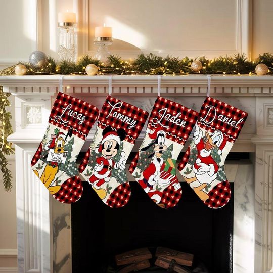 Discover Personalized Mickey and Friends Christmas Stocking, Disney Plaid Stocking With Name, Disney Christmas Decoration, Mickey Christmas Stocking