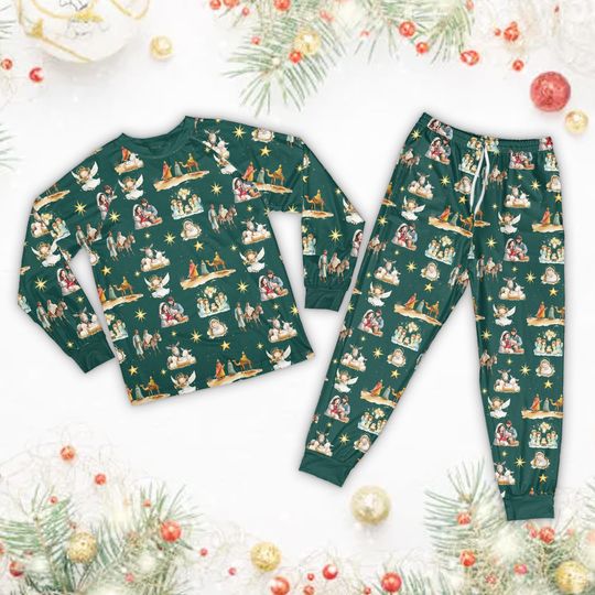 Discover Nativity Scene Christmas Pajamas Set, Joy To The World Religious Christian Pajama, Festive Holy Night Long Sleeve Pajamas, Cute Xmas Gift