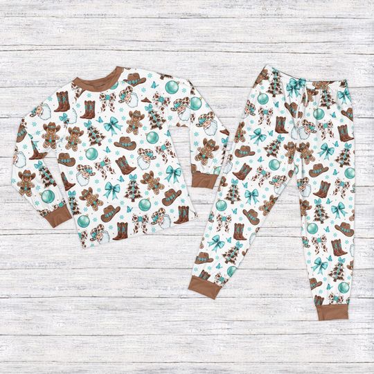Discover Howdy Christmas Pajamas Set, Western Cowboy Christmas Pajama, Festive Turquoise Christmas Long Sleeve Pajamas, Country Lover Holiday Gift
