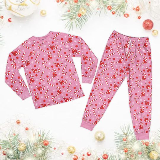 Discover Cute Candy Cane Xmas Pajamas Set, Holiday Vibes Girly Christmas Pajama, Coquette Christmas Long Sleeve Pajamas, Candy Lover Christmas Gift