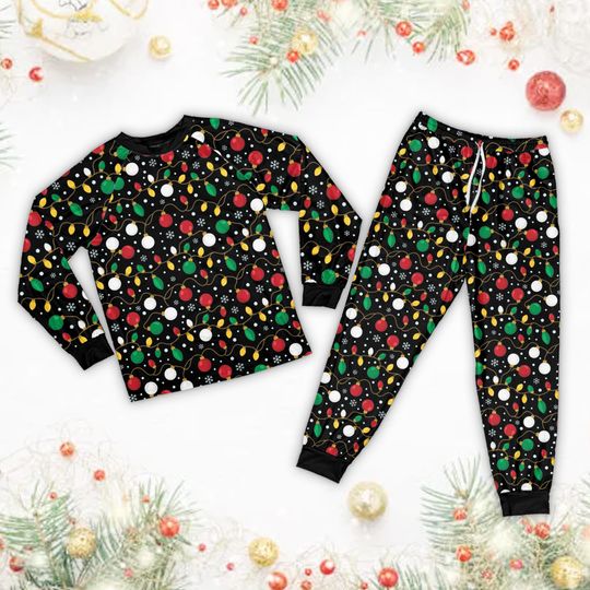 Discover Christmas Lights Pajamas Set, Holiday Vibes Matching Christmas Pajama, Festive Christmas Long Sleeve Pajamas, Cute Winter Holiday Gift