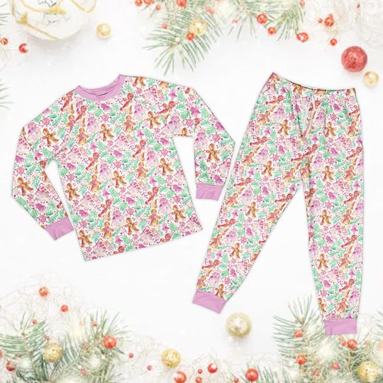 Discover Cute Preppy Christmas Pajamas Set, Holiday Vibes Girly Christmas Pajama, Festive Christmas Long Sleeve Pajamas, Gingerbread Christmas Gift