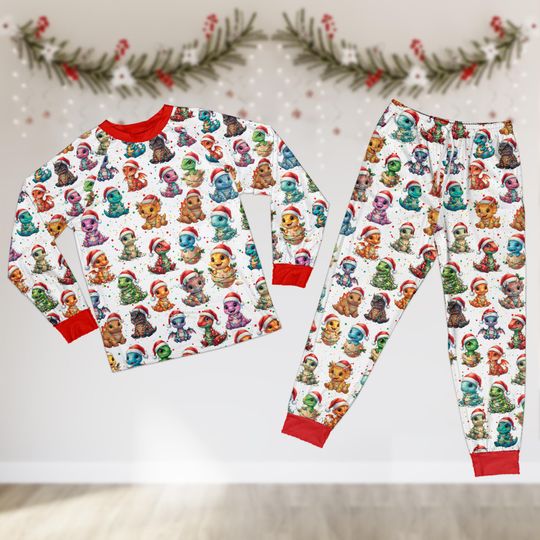 Cute Dinosaur Christmas Pajamas, Kid Dino Christmas Pajamas, Dinosaur Lover Holiday Vibes Pajamas Set