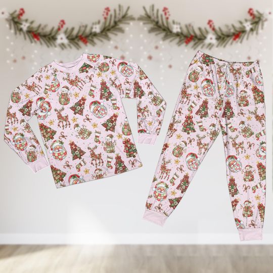 Discover Patchwork Christmas Pajamas, Retro Santa Claus Christmas Pajama, Festive Christmas Long Sleeve Pajamas, Matching Holiday Vibes Pajamas Set