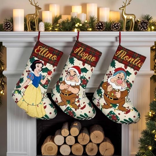 Discover Personalized Snow White and The 7 Dwarfs Christmas Stocking, Disney Princess and Dwarfs Stockings With Name, Custom Holiday Decor
