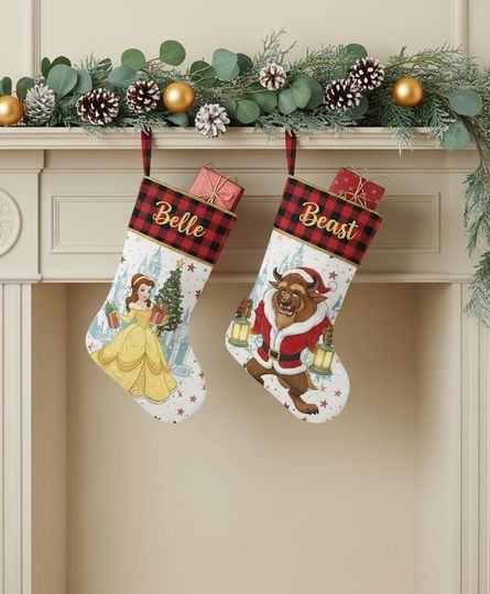Discover Personalized Beauty and the Beast Stocking, Disney Christmas Stockings With Name, Belle and Beast Holiday Fireplace Decor